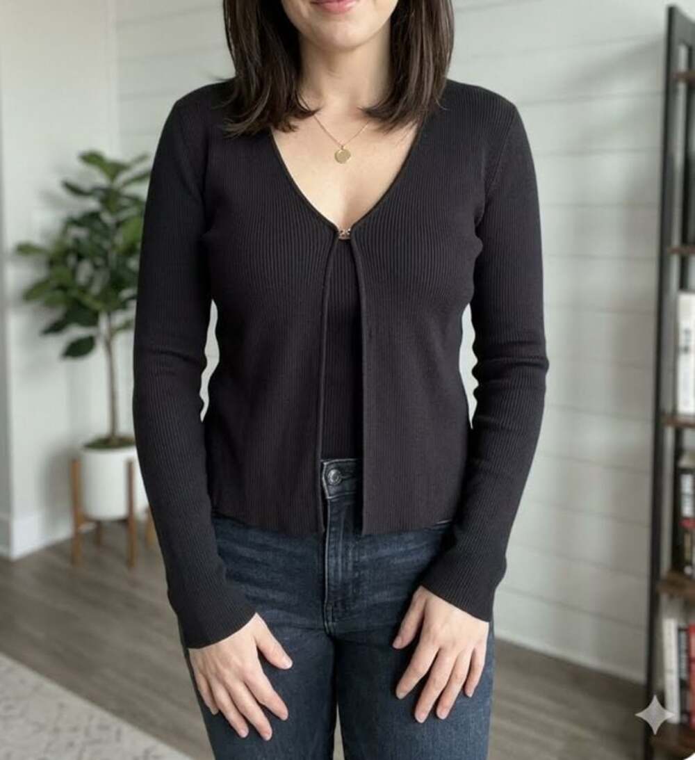 Cyrus Black Ribbed Knit V-Neck Long Sleeve Cardigan Sweater Size L